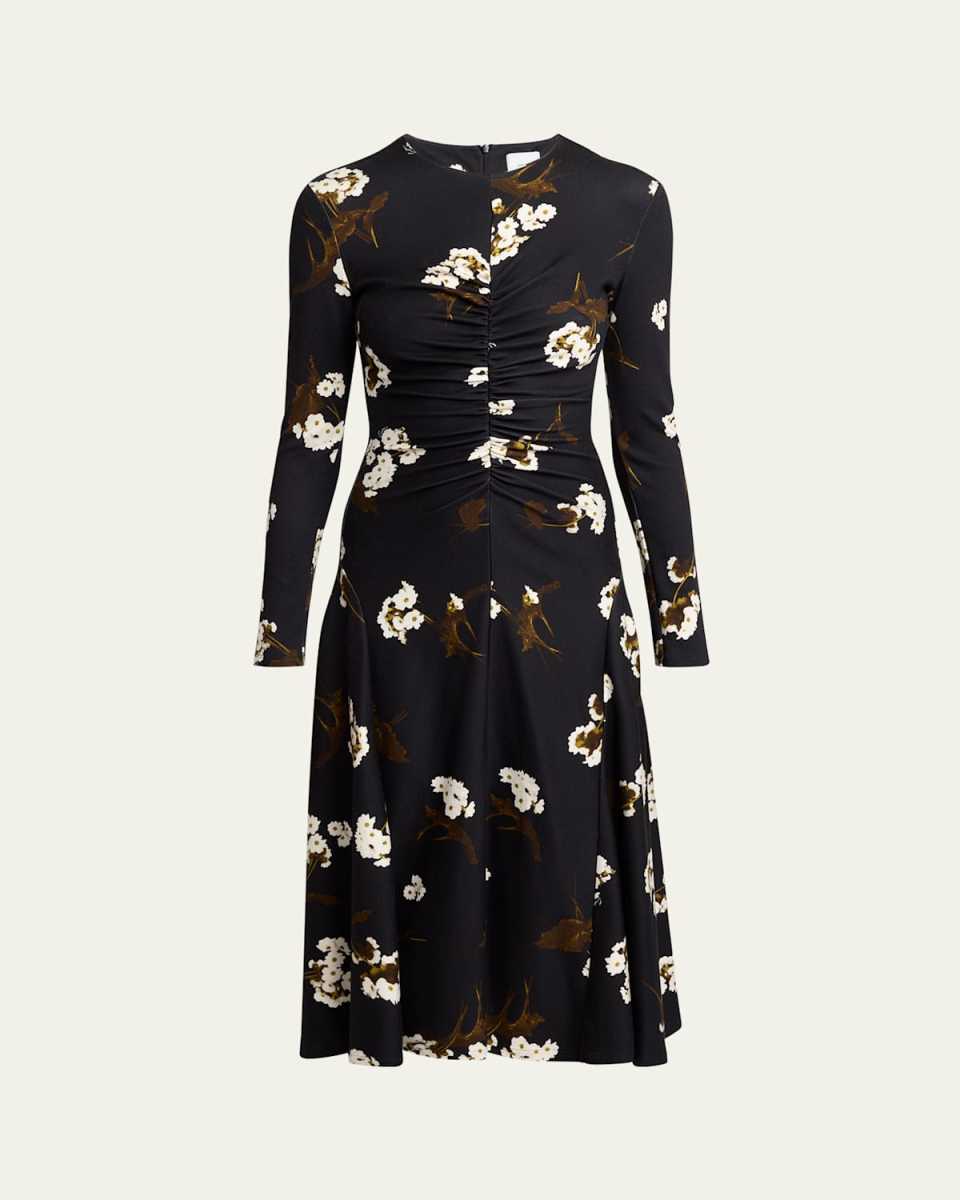 Floral Gathered Long Sleeve Midi Dress